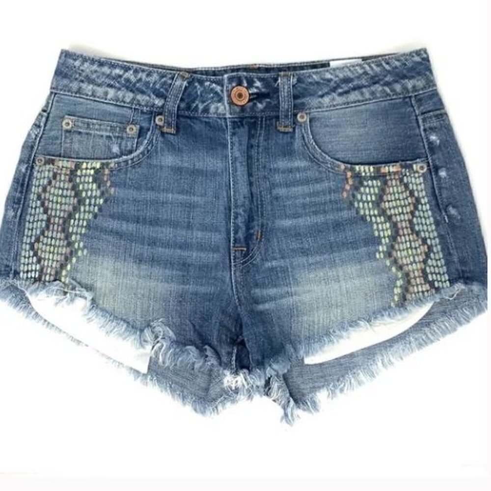 AMERICAN EAGLE Embroidered Denim Shorts Size 2 Distressed Raw Hem Cutoff